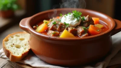Traditional Lithuanian Čenakai pork stew served in a rustic clay pot with sour cream and fresh parsley on top