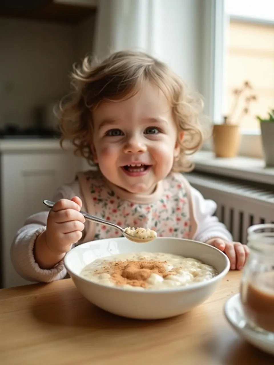 A young child eating creamy semolina porridge for breakfast in a warm, cozy kitchen setting.