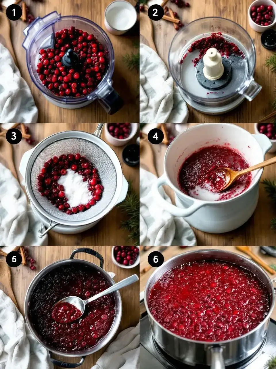 Step-by-step preparation of traditional Lithuanian Cranberry Kissel, showing cranberries, cooking, thickening, and final bubbling of the festive drink.