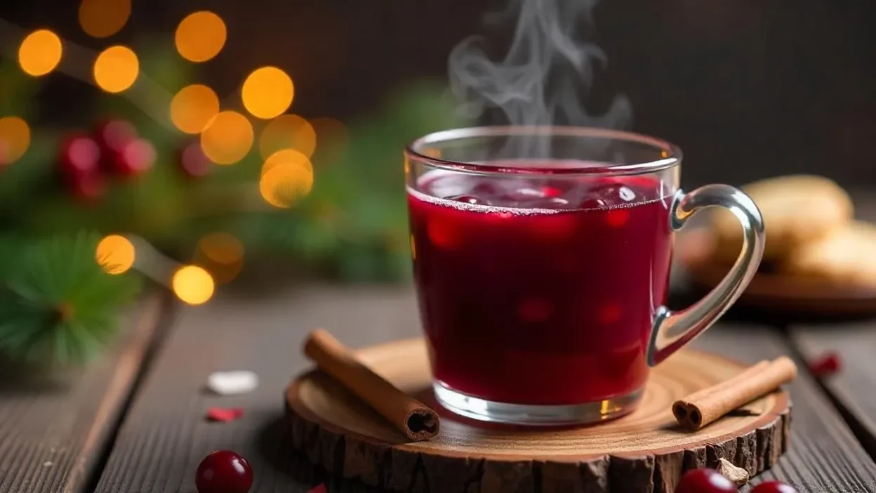 A glass cup and a bowl of vibrant red Cranberry Kissel served on a rustic table, with Christmas decorations and Lithuanian Kūčiukai biscuits in the background.