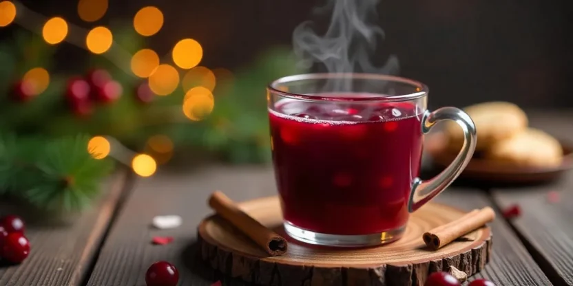 A glass cup and a bowl of vibrant red Cranberry Kissel served on a rustic table, with Christmas decorations and Lithuanian Kūčiukai biscuits in the background.
