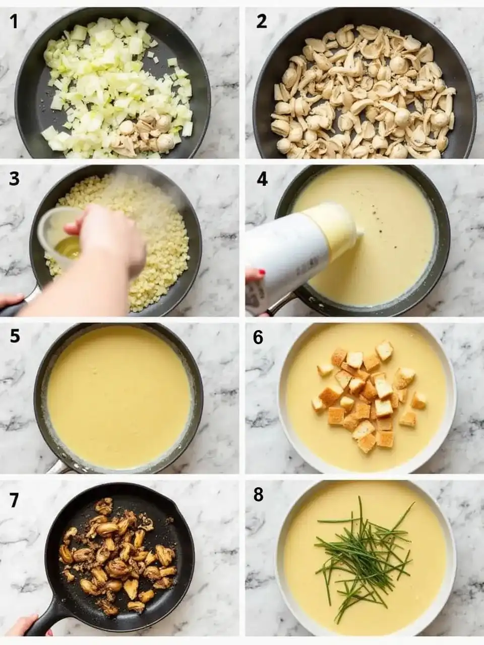 Step-by-step preparation of creamy chanterelle soup with rye croutons, from sautéing ingredients to serving the finished dish.