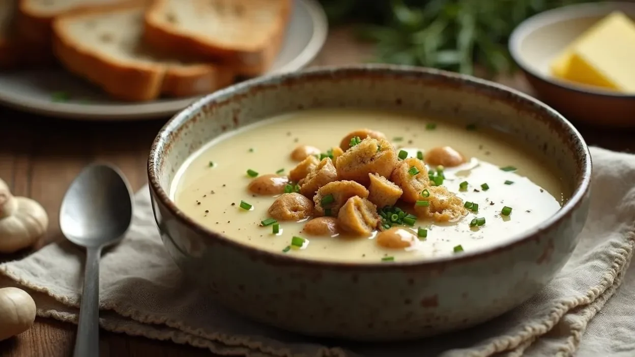 Creamy chanterelle mushroom soup served in a ceramic bowl, topped with rye croutons, sautéed mushrooms, and chives on a rustic wooden table.