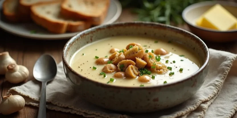 Creamy chanterelle mushroom soup served in a ceramic bowl, topped with rye croutons, sautéed mushrooms, and chives on a rustic wooden table.