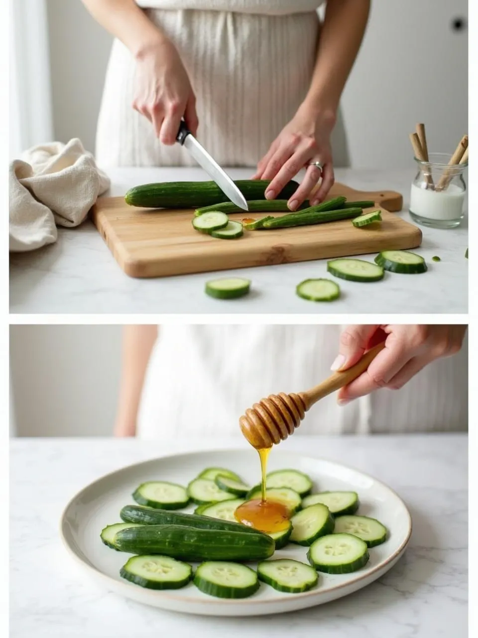 Step-by-step images showing how to slice cucumbers and drizzle them with honey for a traditional Lithuanian snack.