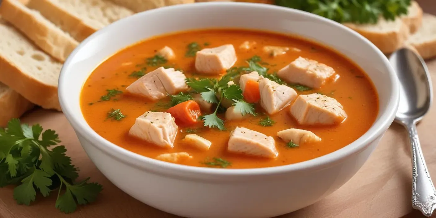 White bowl of vegetable and chicken soup, with slices of bread and fresh parsley on the side.