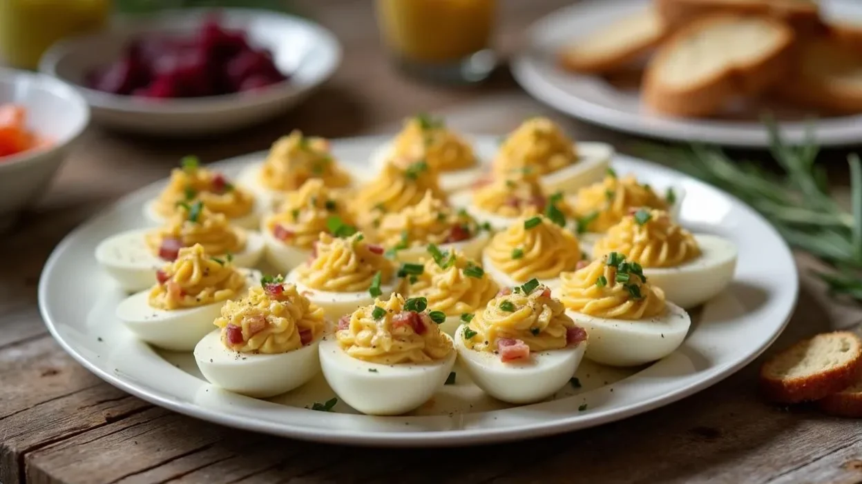 Deviled eggs with ham and cheese served on a white platter, garnished with herbs, with traditional Lithuanian Easter dishes in the background.