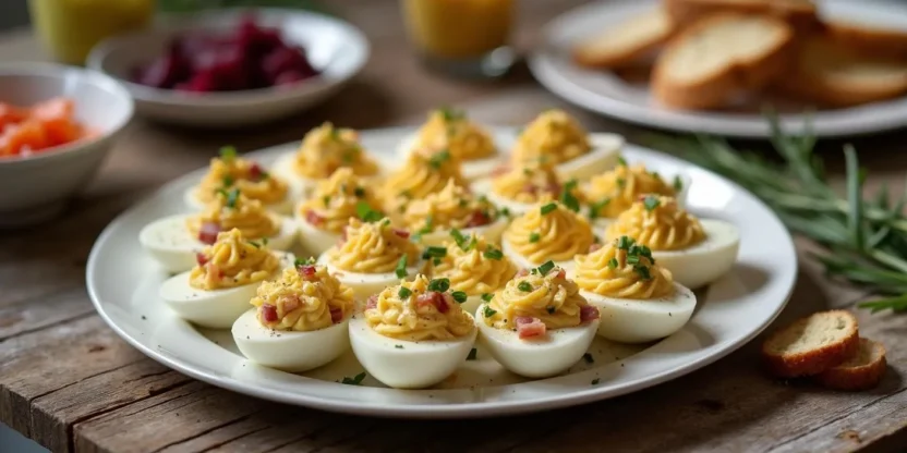 Deviled eggs with ham and cheese served on a white platter, garnished with herbs, with traditional Lithuanian Easter dishes in the background.