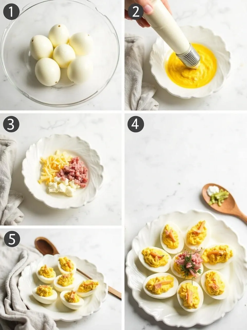Step-by-step process of making deviled eggs with ham and cheese, from peeling and slicing eggs to mixing the filling and garnishing the final dish.

