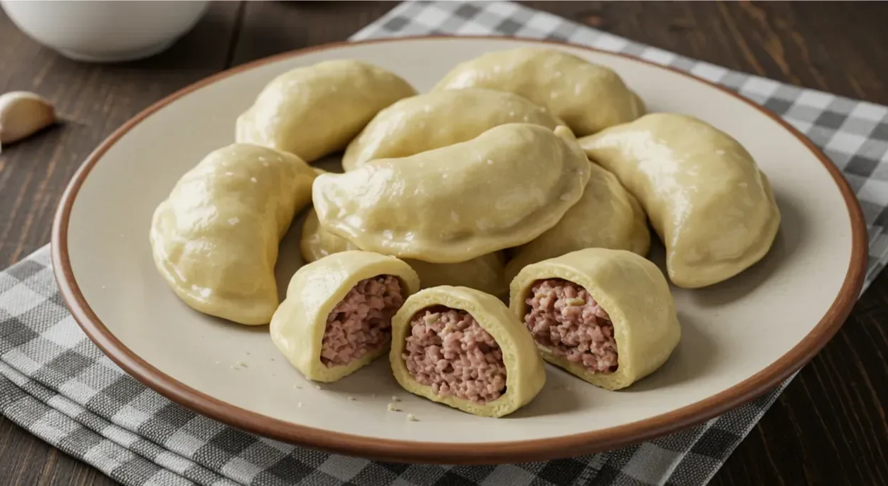 Plate of homemade dumplings served with sour cream and fresh herbs.
