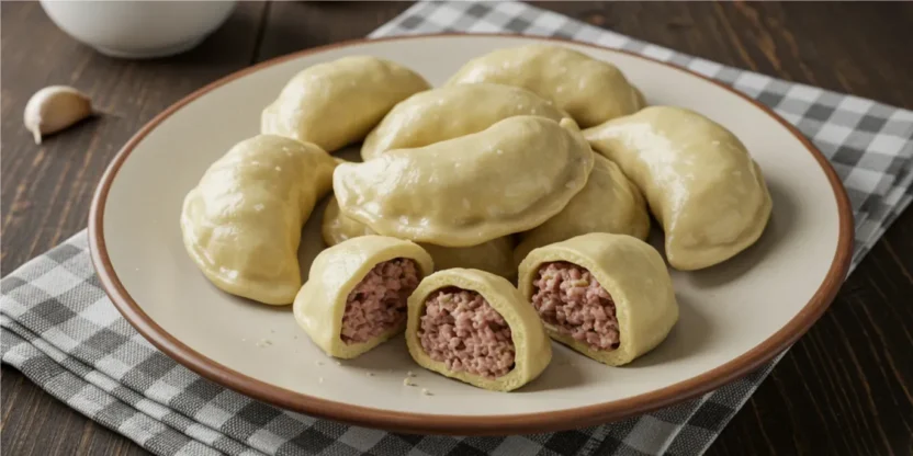 Plate of homemade dumplings served with sour cream and fresh herbs.