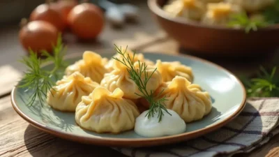 Traditional Latvian pelmeni dumplings served with sour cream and dill on a rustic table.