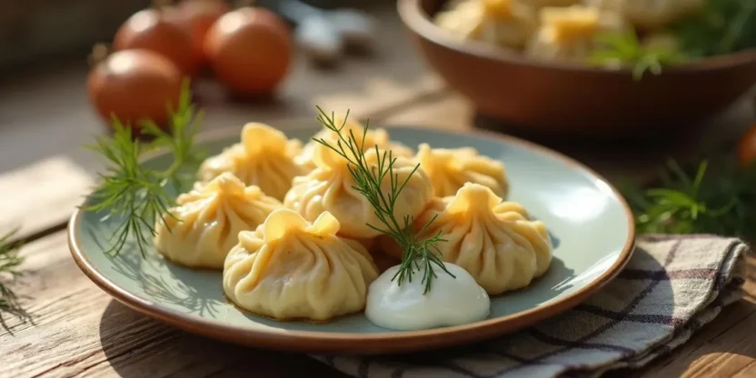 Traditional Latvian pelmeni dumplings served with sour cream and dill on a rustic table.