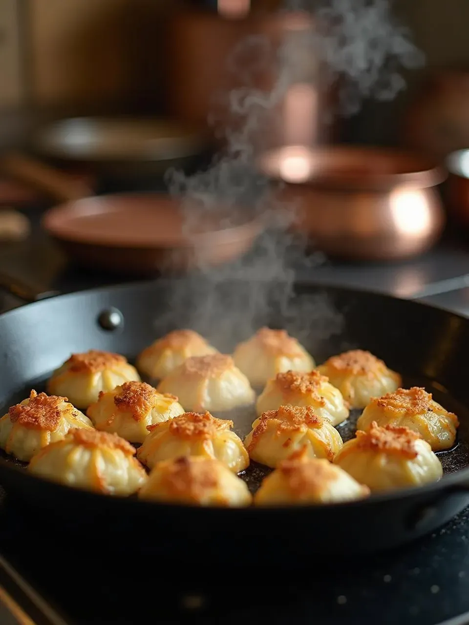 Crispy fried Latvian pelmeni sizzling in a cast iron pan with golden brown edges.