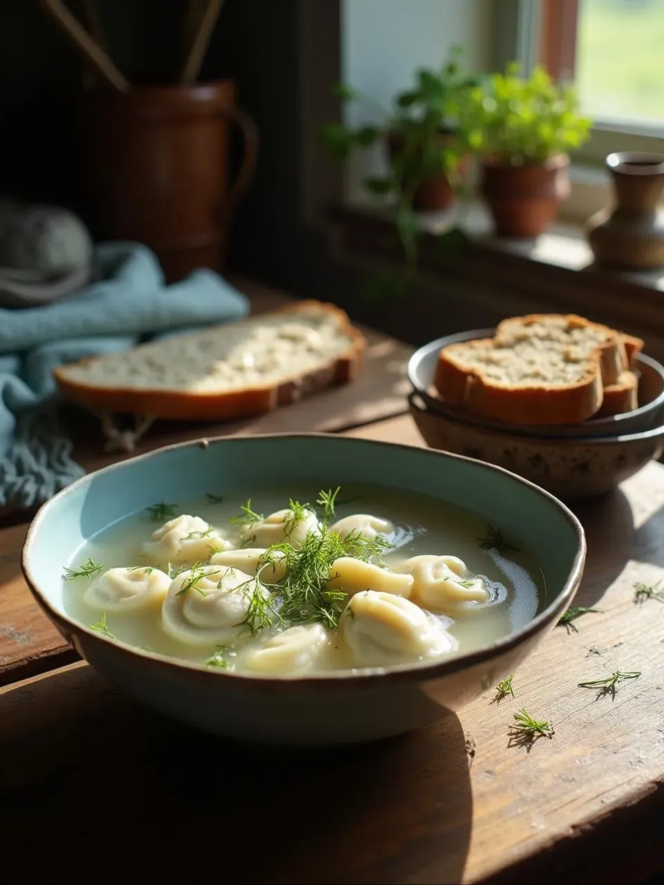 Boiled Latvian pelmeni in broth with sour cream and fresh herbs, served in a soup bowl.