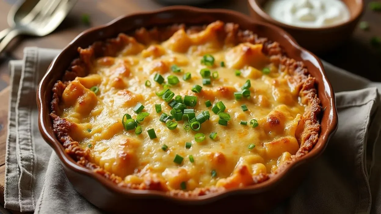 Golden cheesy cabbage casserole in a pie dish, topped with green onions, served on a wooden table – traditional Lithuanian recipe.