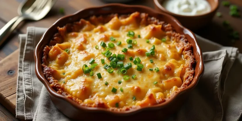 Golden cheesy cabbage casserole in a pie dish, topped with green onions, served on a wooden table – traditional Lithuanian recipe.