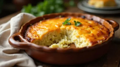 Easy cabbage casserole with melted cheese in a rustic baking dish, golden brown and served on a wooden table — traditional Lithuanian comfort food