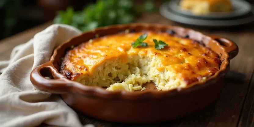 Easy cabbage casserole with melted cheese in a rustic baking dish, golden brown and served on a wooden table — traditional Lithuanian comfort food