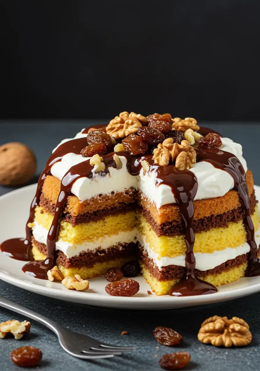 A dessert with different flavored sponge cakes: chocolate, vanilla, and walnut, soaked in a fragrant lemon and rum syrup, with raisins and walnuts, covered with whipped cream and chocolate sauce.