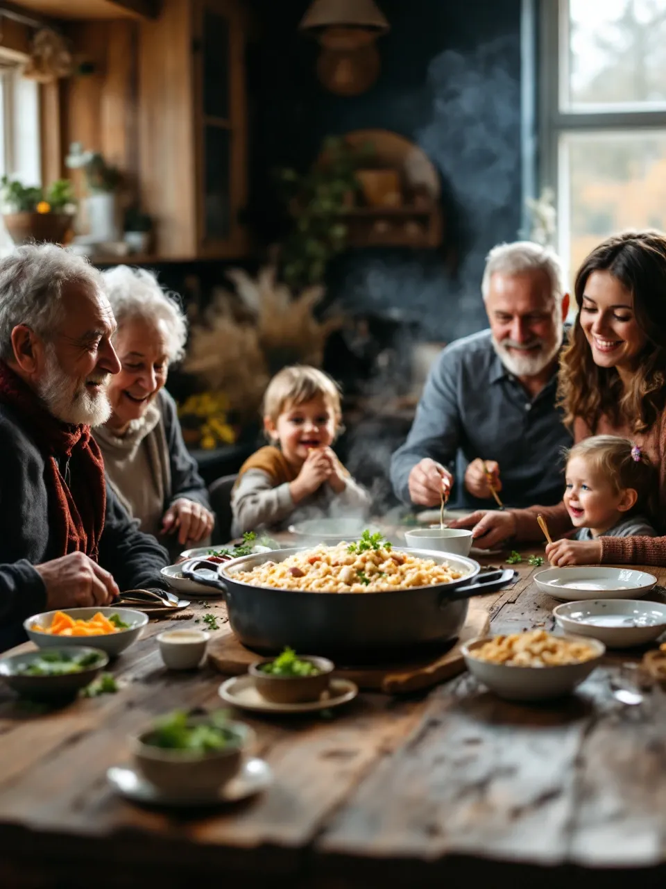 A family enjoying homemade Lithuanian pork pilaf around a rustic wooden table in a cozy kitchen setting.