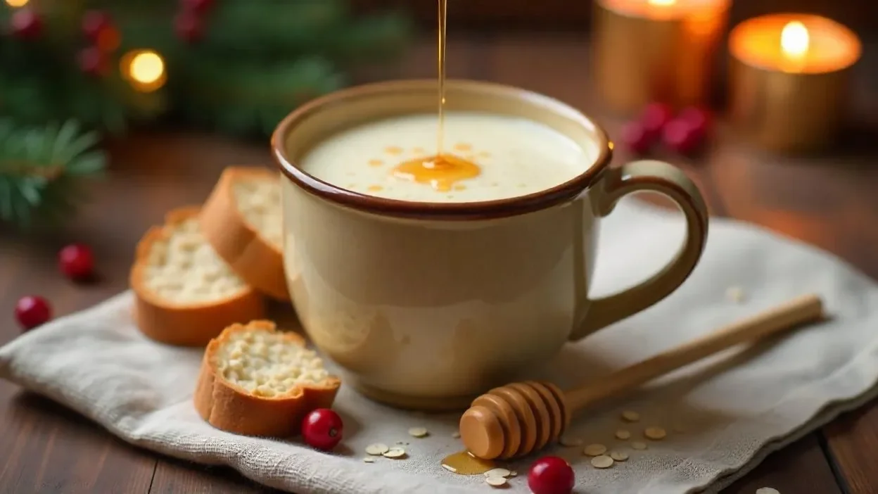 Traditional Lithuanian Fermented Oat Kissel served in a rustic mug, surrounded by rye bread, oats, honey, and festive Christmas decorations.