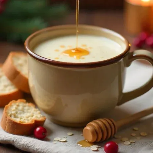 Traditional Lithuanian Fermented Oat Kissel served in a rustic mug, surrounded by rye bread, oats, honey, and festive Christmas decorations.