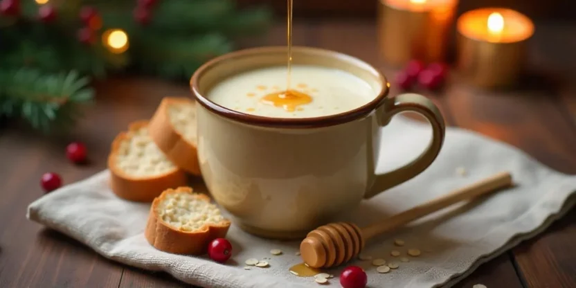 Traditional Lithuanian Fermented Oat Kissel served in a rustic mug, surrounded by rye bread, oats, honey, and festive Christmas decorations.