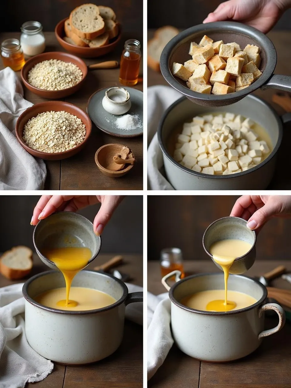 Step-by-step process of making traditional Lithuanian Fermented Oat Kissel with rolled oats, rye bread, and honey.