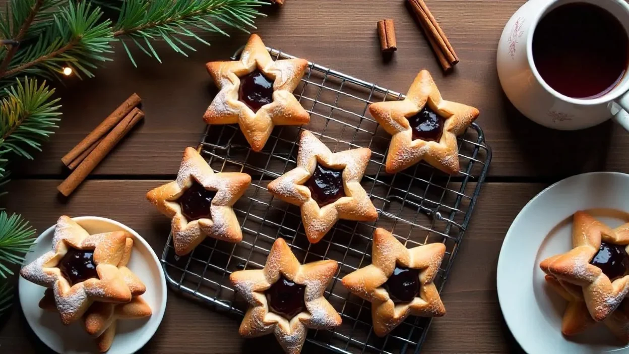 Golden Finnish Christmas Stars (Joulutorttu) filled with prune jam and dusted with powdered sugar on a wooden table, surrounded by holiday decorations
