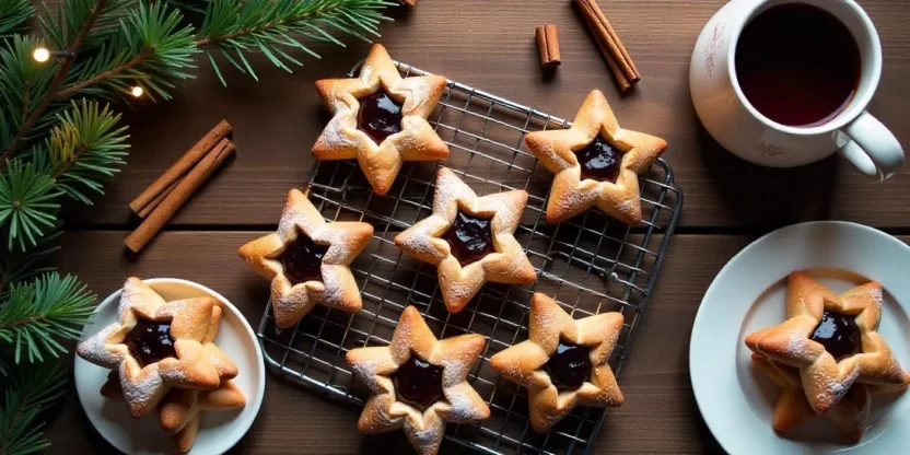 Golden Finnish Christmas Stars (Joulutorttu) filled with prune jam and dusted with powdered sugar on a wooden table, surrounded by holiday decorations