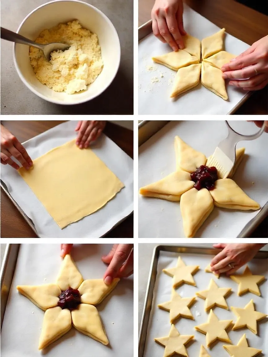 Step-by-step images showing how to make Finnish Christmas Stars (Joulutorttu) with ricotta pastry and prune jam filling.