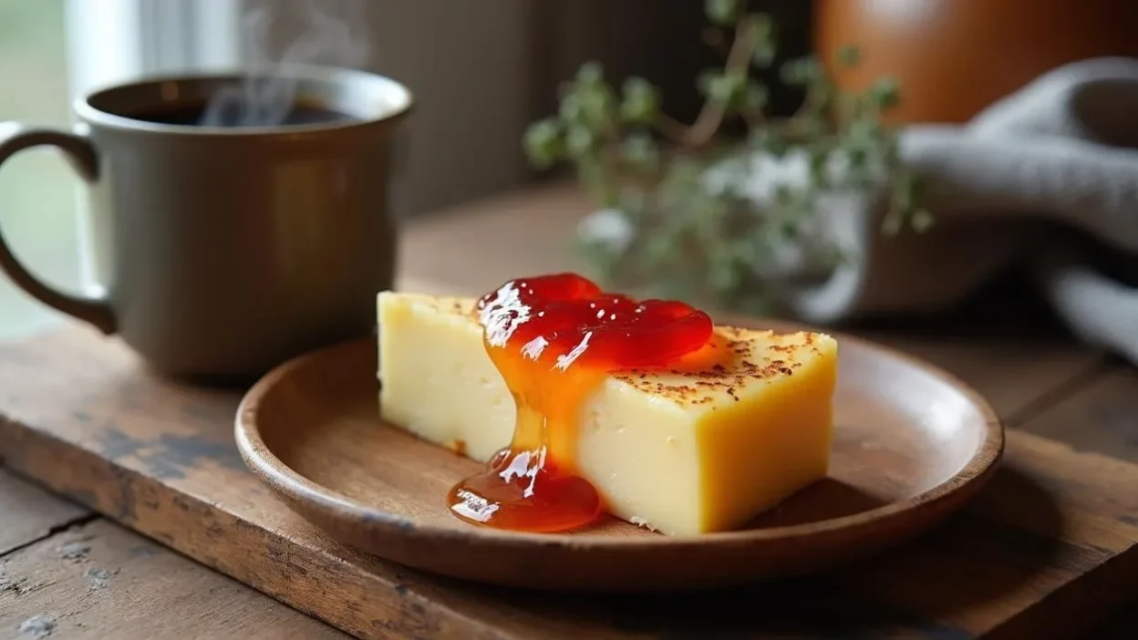 Warm slice of Finnish leipäjuusto cheese topped with cloudberry jam, served on a wooden plate with a cup of coffee on a rustic table.
