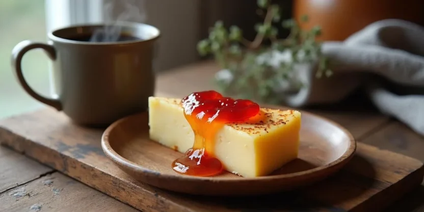 Warm slice of Finnish leipäjuusto cheese topped with cloudberry jam, served on a wooden plate with a cup of coffee on a rustic table.