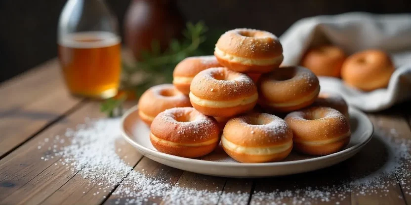 Homemade Finnish Munkki doughnuts dusted with sugar, served on a rustic wooden table with a glass of sima.