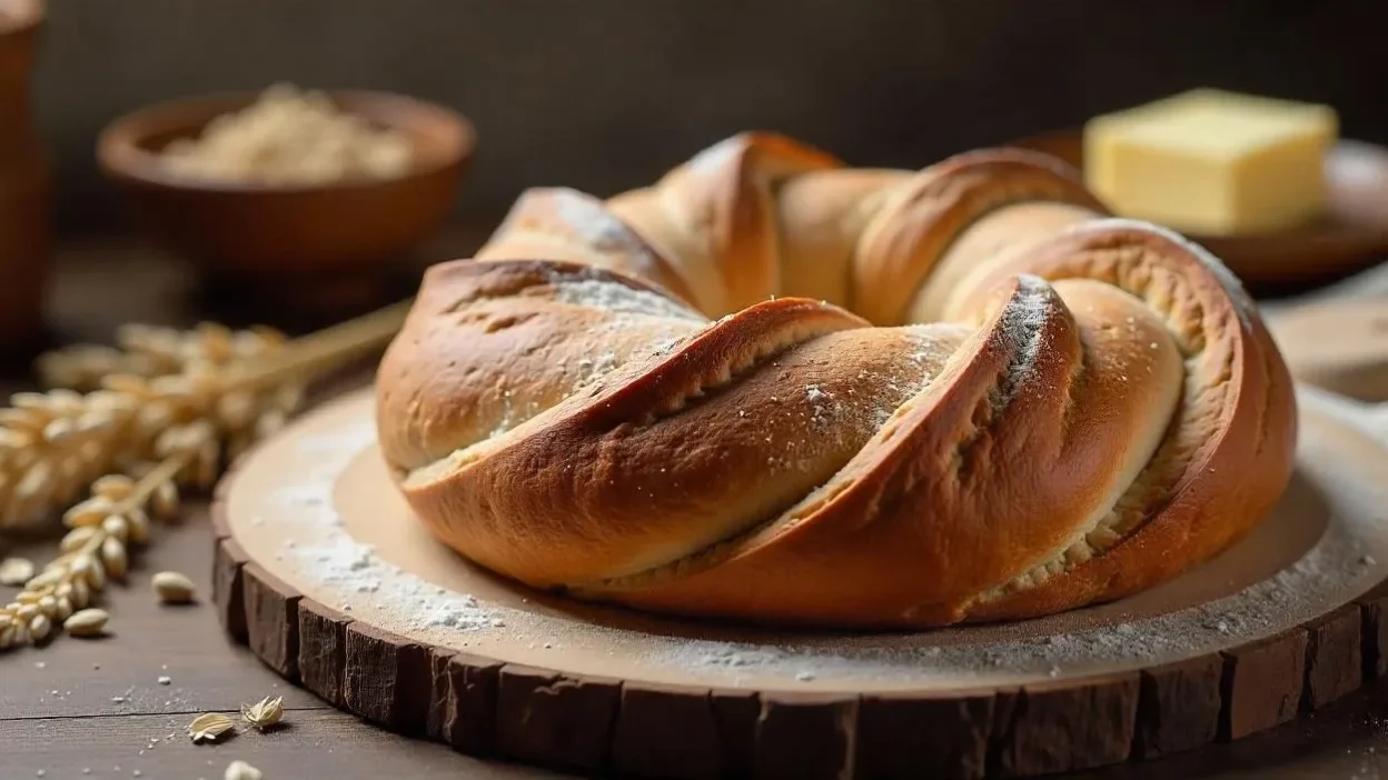 Traditional Finnish rye bread ring (Ruisreikäleipä) on a wooden board with a rustic Nordic kitchen background