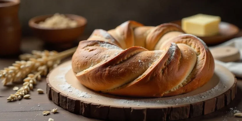 Traditional Finnish rye bread ring (Ruisreikäleipä) on a wooden board with a rustic Nordic kitchen background