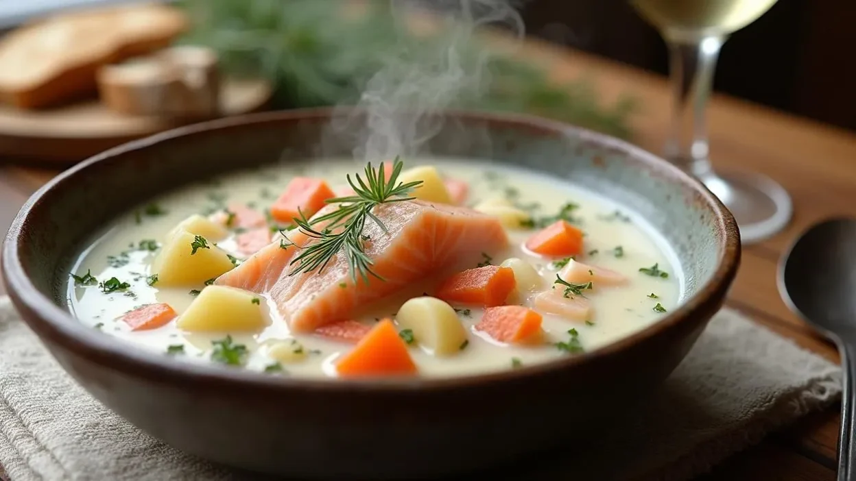 Traditional Finnish Salmon Soup (Lohikeitto) served in a rustic bowl with fresh dill, potatoes, carrots, and salmon, with rye bread and white wine on a wooden table.