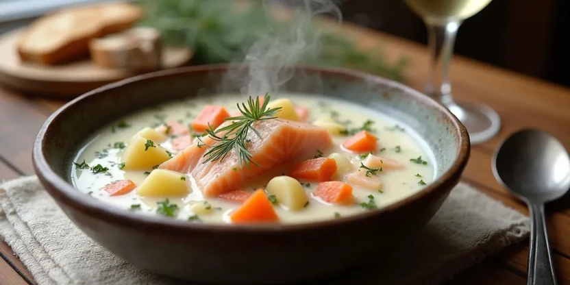 Traditional Finnish Salmon Soup (Lohikeitto) served in a rustic bowl with fresh dill, potatoes, carrots, and salmon, with rye bread and white wine on a wooden table.