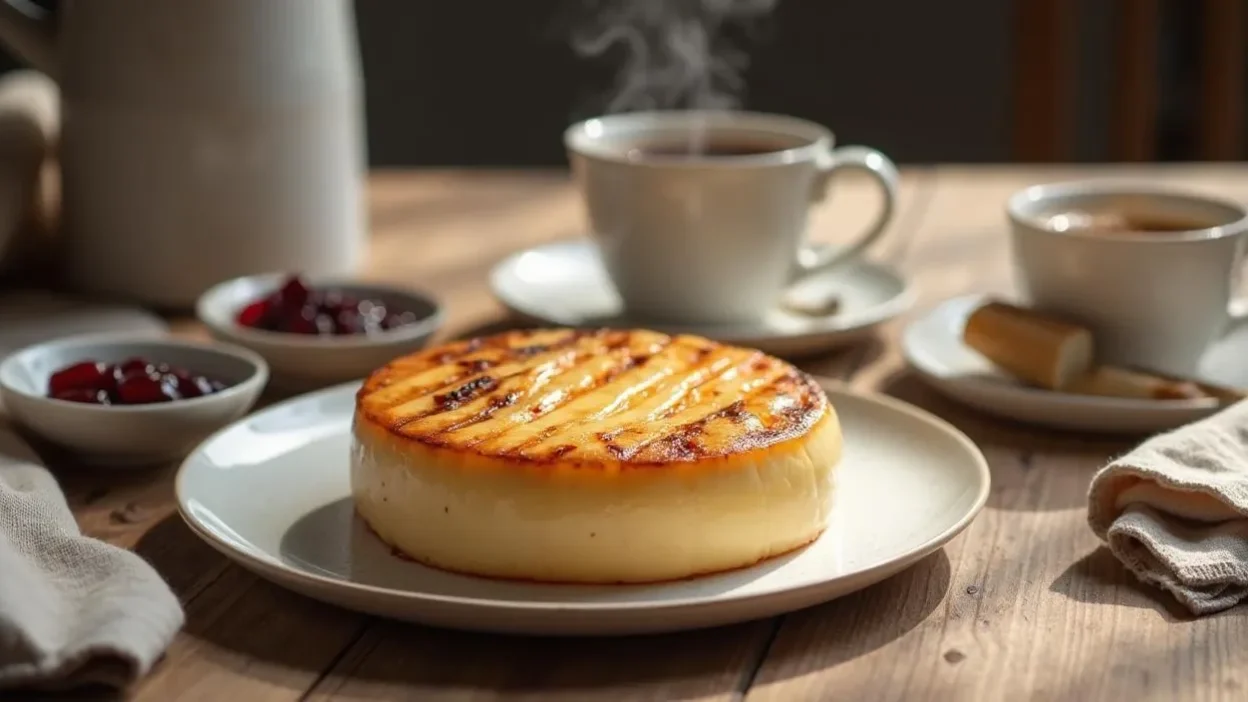 Freshly made Finnish Squeaky Cheese (Leipäjuusto) with golden-brown crust, served with cloudberry jam and coffee on a rustic wooden table.