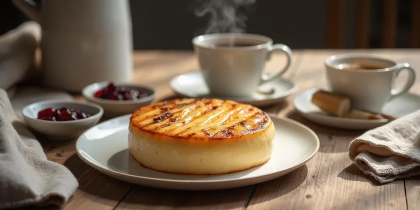 Freshly made Finnish Squeaky Cheese (Leipäjuusto) with golden-brown crust, served with cloudberry jam and coffee on a rustic wooden table.
