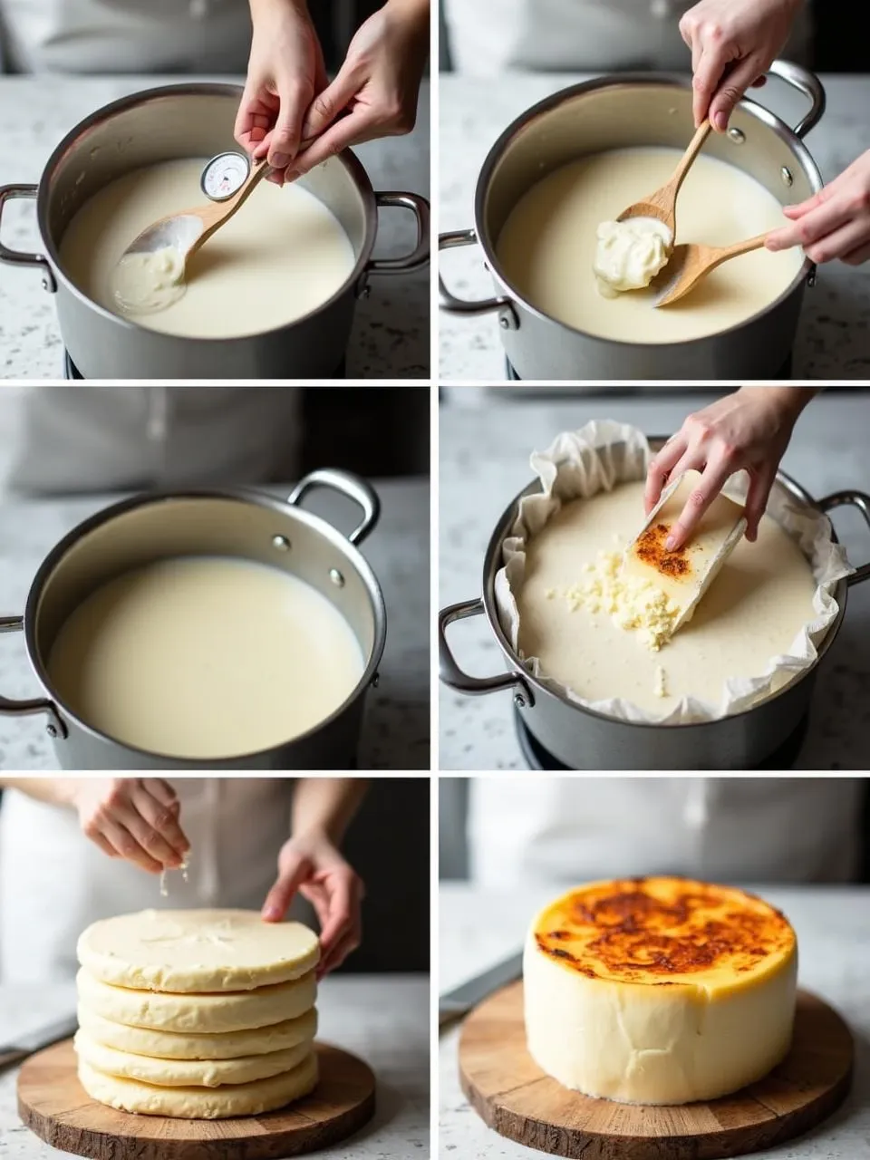 Step-by-step process of making homemade Finnish Squeaky Cheese (Leipäjuusto) with milk, rennet, cheese pressing, and broiling.
