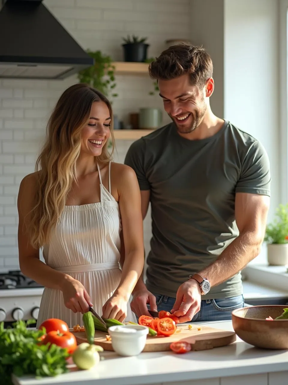 Fit couple preparing traditional Lithuanian tomato and onion salad with sour cream in a modern kitchen