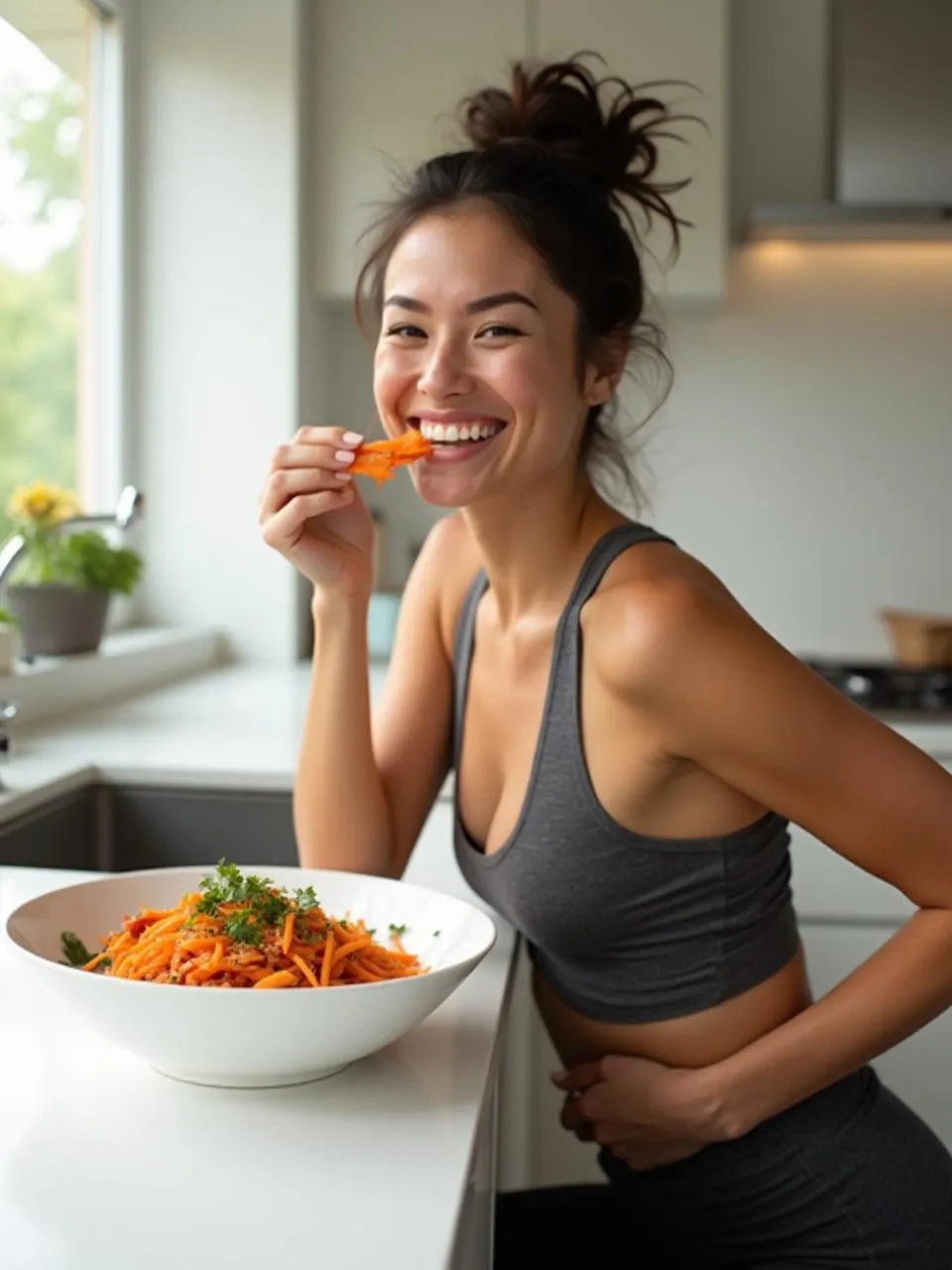 Fit woman in sporty outfit enjoying a healthy Lithuanian carrot salad with sunflower seeds in a bright modern setting