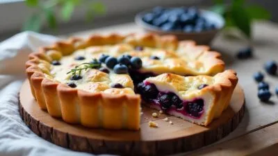 Rustic homemade Mustikkapiirakka, a Finnish blueberry pie with a crumbly rye crust, creamy filling, and juicy blueberries, served on a wooden table with natural light.