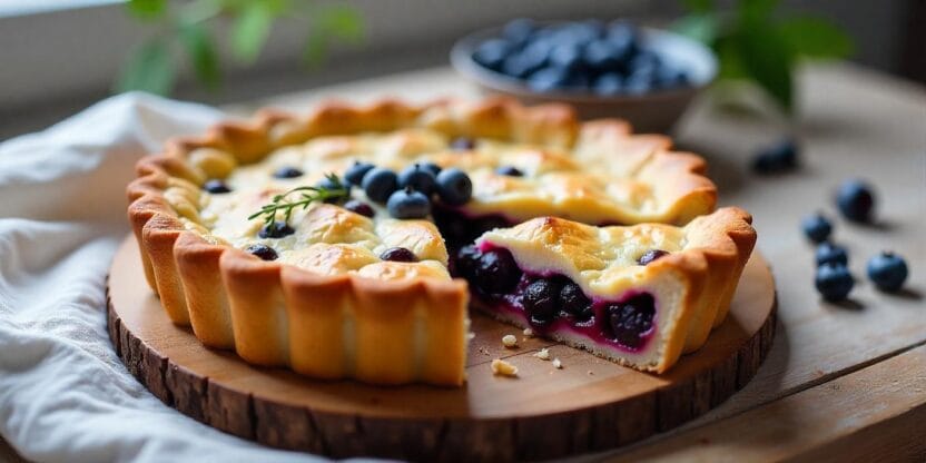 Rustic homemade Mustikkapiirakka, a Finnish blueberry pie with a crumbly rye crust, creamy filling, and juicy blueberries, served on a wooden table with natural light.