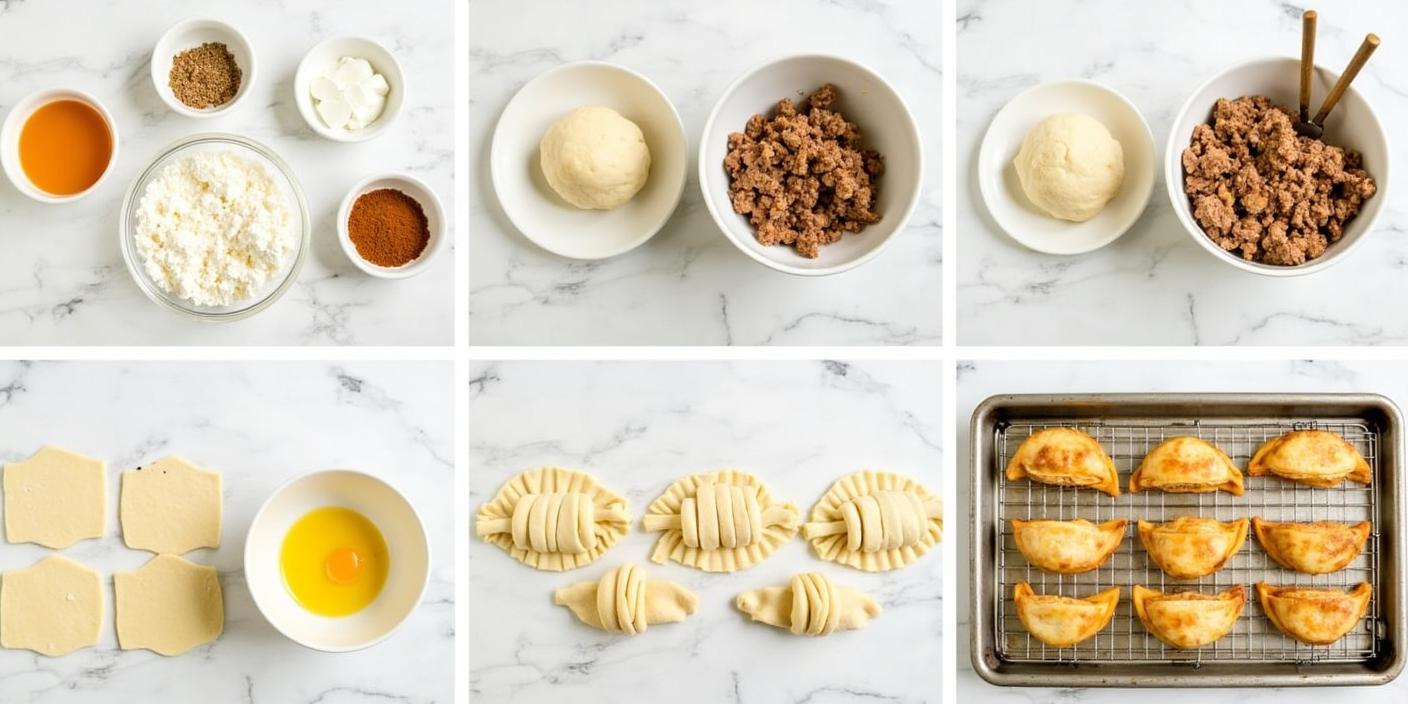 Step-by-step images showing how to make traditional Lithuanian kibinai, from preparing the dough and meat filling to shaping and baking the pastries.