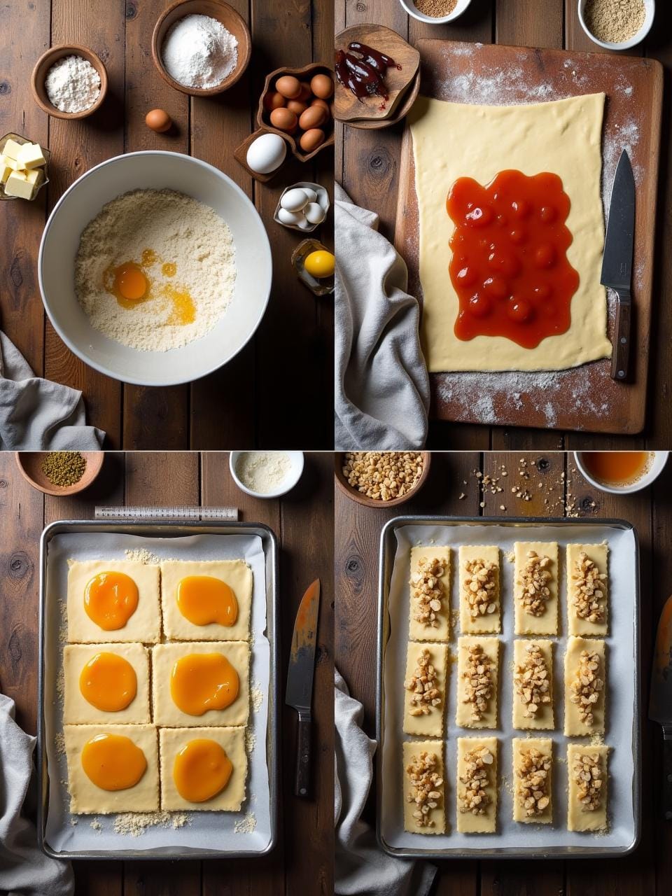 Step-by-step process of making Lithuanian jam-filled sugar cookies, from mixing dough to spreading jam, assembling, and preparing for baking.