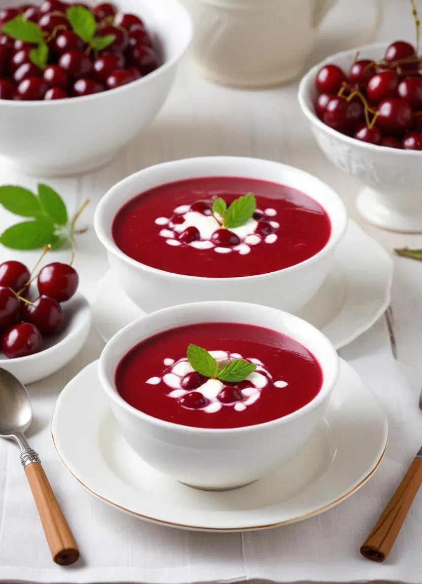 The soup features fresh or frozen sour cherries simmered to release their tart juice, enhanced with warm spices like cinnamon and cloves, and thickened with sour cream or heavy cream.