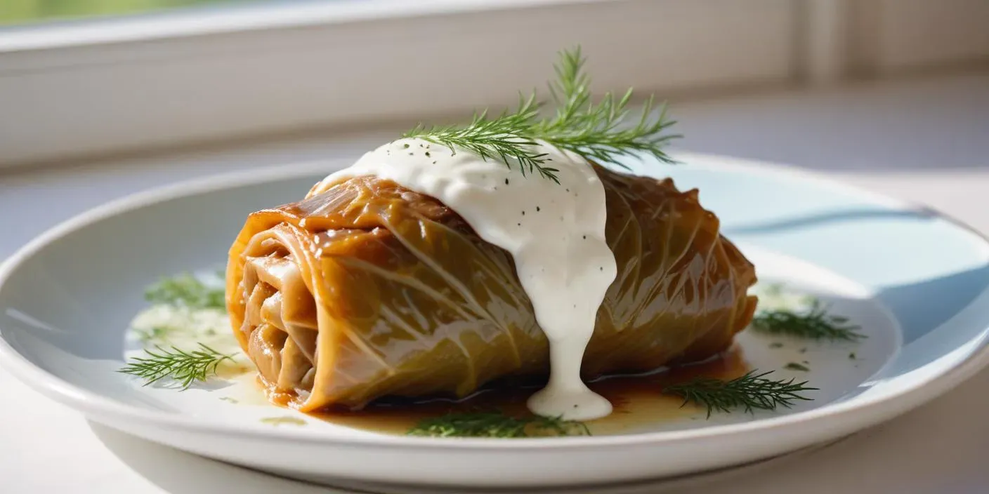 A single large stuffed cabbage roll on a plate, topped with sour cream sauce and garnished with fresh dill, with a window in the background.